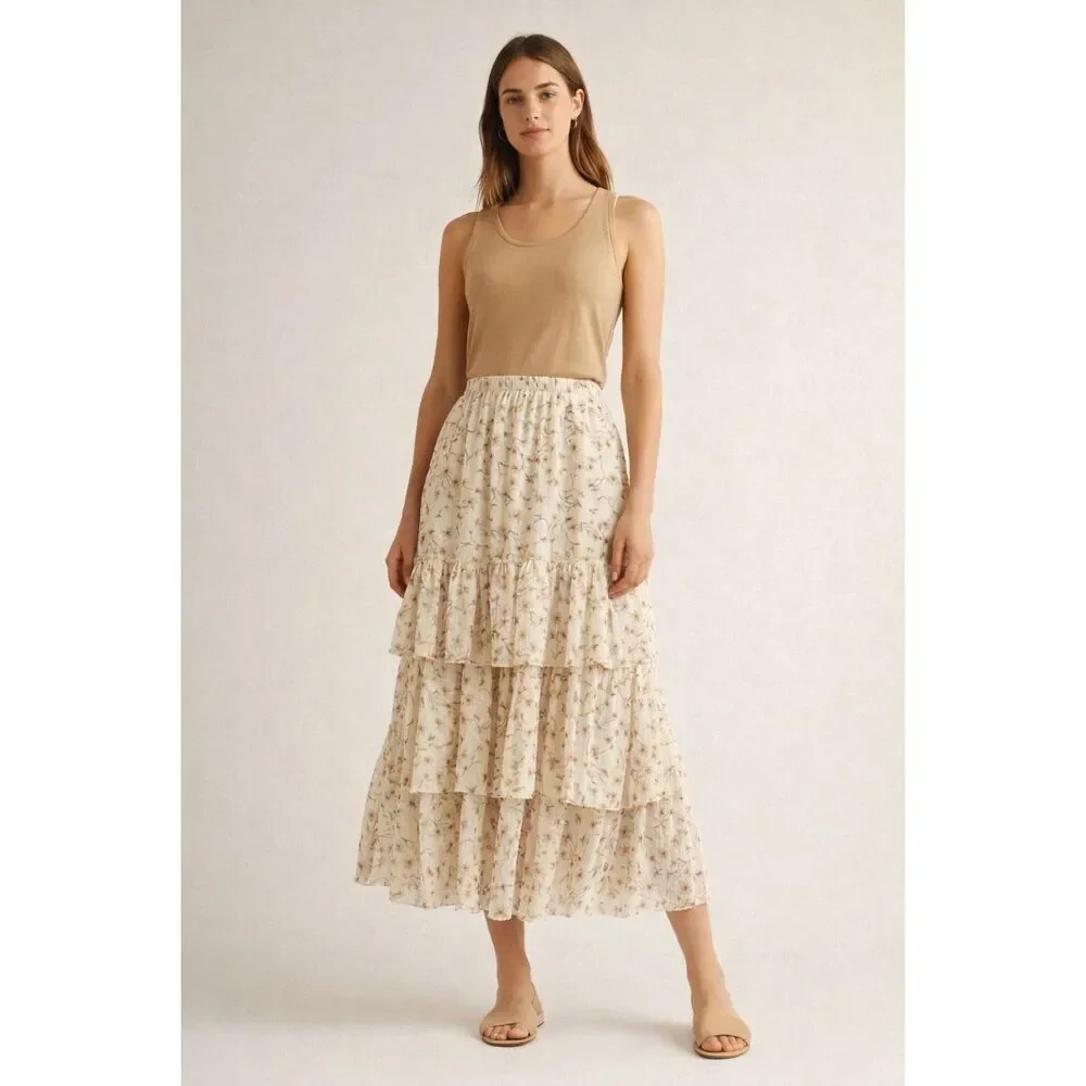 H&M Floral Tiered Midi Skirt Cream Boho Cottagecore Womens S